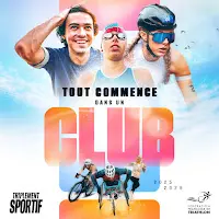 Bandeau de la fédération de triathlon avec le slogan tout commence dans un club